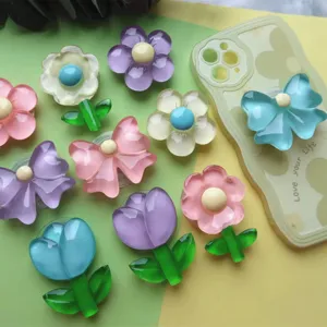 Colorful transparent epoxy resin floral and bow-shaped phone grip stand accessories details