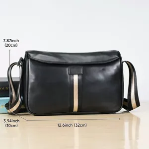 Men genuine leather messenger bag casual vintage shoulder crossbody bag with stripe detail