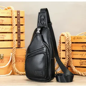 Detailed view of black leather sling bag, adjustable strap, metal hardware, casual chest backpack.
