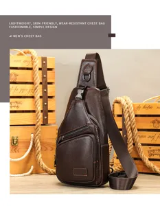 Men's genuine leather chest bag casual fashion sling backpack with multi-pocket and durable strap.