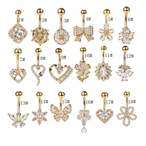 Collection de 18 piercings de nombril en acier doré avec des motifs en zircon clair