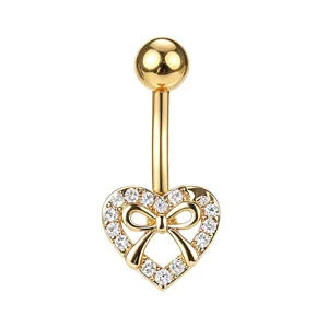 Piercing de nombril en acier inoxydable doré avec cœur, nœud et zircone