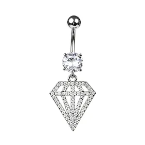 Professional close-up detail of a silver belly ring with a zircon-studded diamond pendant