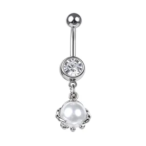 Elegant silver-toned belly button ring featuring a clear zircon and white pearl pendant.