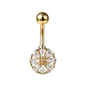 Piercing de nombril en acier doré orné d'un pendentif fleur en zircone de haute qualité.