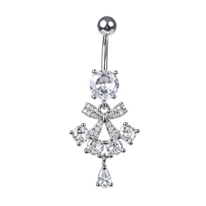 Macro view of a silver bow-themed belly button ring with sparkling white zircon stones