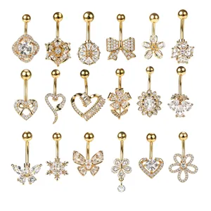 Mode Piercings de Nombril en Acier Inoxydable Zirconia pour Femmes Hommes Or Électroplaqué Cœur Évidé Papillon Incrusté Curved Barbell Bijoux de Corps
