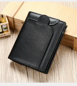 Genuine leather men's wallet, black multi-functional coin purse with flap closure detail.