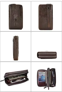 Men genuine leather long wallet detail view showing card slots and double zippers.