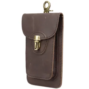 Vintage crazy horse leather phone waist bag with metal lock buckle for outdoor men carry