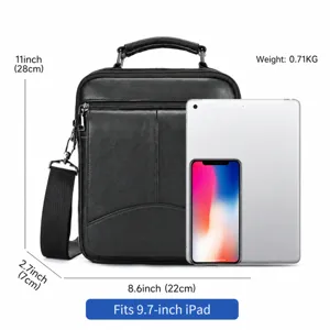 Black leather men vertical messenger shoulder bag with iPad size reference and dimensions.