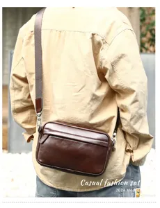 Men's genuine leather messenger bag casual vintage shoulder bag horizontal crossbody bag