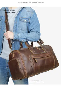 Vintage crazy horse leather travel bag detail, premium brown duffel bag for men business trips.