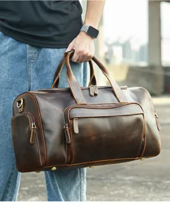 Retro genuine leather travel duffel bag detail view, large capacity multi-functional design.