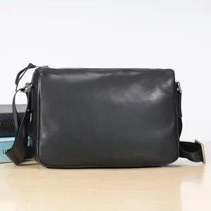 Men black genuine leather shoulder bag classic casual messenger bag with adjustable strap