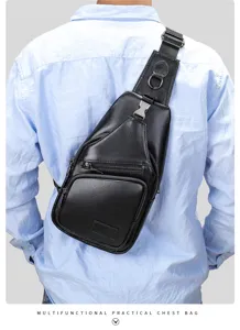 Men's leather chest bag worn on model back, showing detail and wearing style clearly.