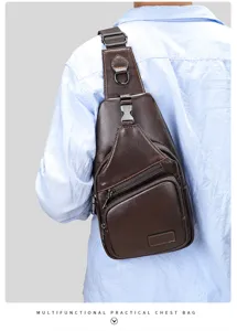 Detail view of the brown leather chest bag showing quality cowhide material and fine stitching.
