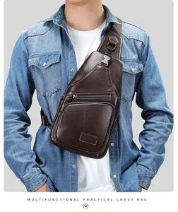 Men genuine leather chest bag casual outdoor sling bag multi-pocket crossbody daypack brown