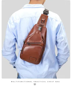 Men genuine leather chest bag casual sling shoulder backpack worn on back detail view