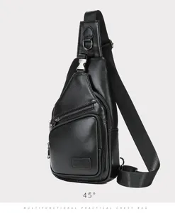 Detailed view of a stylish black leather sling chest bag featuring practical zipper pockets and strap.