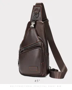 Detailed view of the premium leather chest bag with multiple secure zippered pockets and strap.