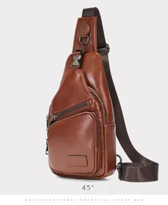 Men genuine brown leather chest bag sling shoulder daypack casual outdoor detailed view