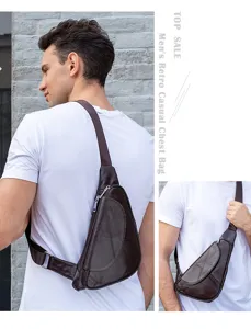 Close-up detail of men retro casual brown leather chest bag sling shoulder crossbody daily.