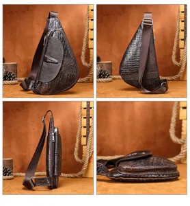Detail shots of mens leather sling bag, crocodile pattern, multi-angle view showing zippers and strap.