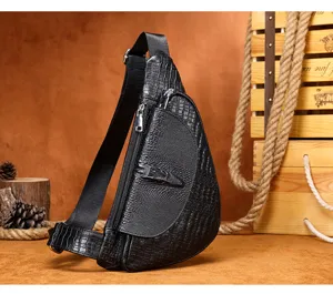 Genuine leather mens chest bag stylish crocodile pattern triangular crossbody bag commuting