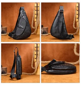 Genuine leather men chest bag black crocodile pattern triangular crossbody bag casual daily commute.