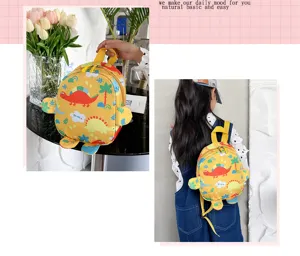 Detailed view of kids yellow dinosaur backpack with cute cartoon pattern
