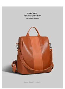 Detailansicht des modischen Damen-Rucksacks aus braunem Kunstleder mit vertikalem Streifendesign.
