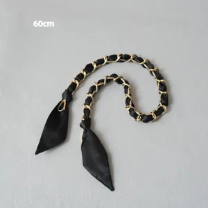 Bandoulière pour sac à main en soie noire et chaîne dorée entrelacée, longueur 60 cm
