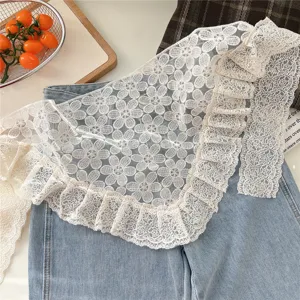 Korean vintage floral lace fringe shawl wrap scarf skirt extender detail showcase view.