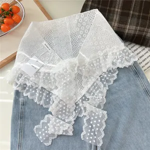 White lace floral triangle scarf detail, vintage embroidered mesh neckerchief and layering collar.
