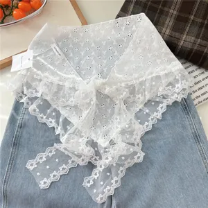 White lace floral embroidered triangle scarf vintage hollow out decorative neckerchief layered accessory.