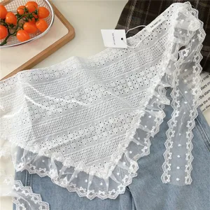 White lace triangle scarf detail view, sweet ruffles mesh overlay accessory for women.