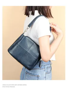Retro soft leather women shoulder bag casual genuine cowhide bucket crossbody bag daily use.