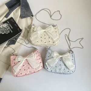 Women Fashion Seersucker Shoulder Bag With Large Bowknot Polka Dot Print Tote Underarm Bag Metallic Chain Sweet Girl Commuter Bag
