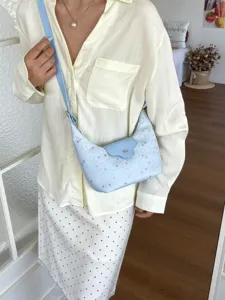 Sac bandoulière croissant bleu clair avec motifs d'étoiles argentées pour femmes