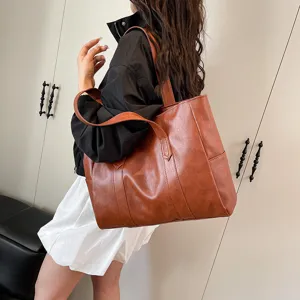 Borsa Tote in Pelle PU Vintage Grande Capacità Borsa a Spalla da Pendolare per Donna Borsa Minimalista a Tinta Unita Elegante Borsa da Lavoro per Ufficio