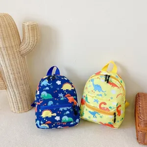Two cute mini backpacks for kids featuring colorful cartoon dinosaur patterns.