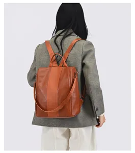Brauner multifunktionaler Damenrucksack aus Kunstleder von hinten an einem Model