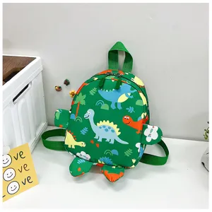 Green toddler backpack with colorful dinosaur patterns for school or travel