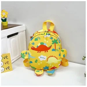 Detailed view of the cute yellow dinosaur printed kids backpack with sturdy straps and handle