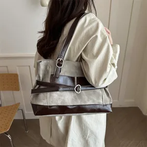 Sac cabas vintage haut de gamme pour femmes en gris et marron avec grande capacité de rangement