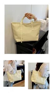 Detail shots of large cream patent leather tote bag shown being carried by a model.