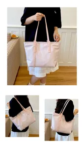 Multiple views of a stylish glossy light pink large tote bag shown on a model