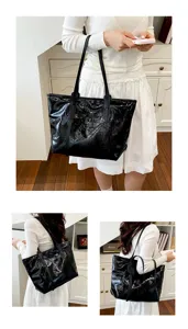 Multiple views of a glossy black large capacity commuter tote bag shown on a model
