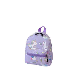 Cute purple children backpack with unicorn and rainbow patterns for outdoor and school use.